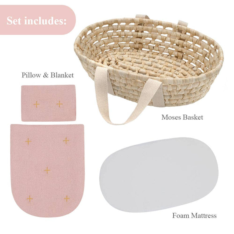 LIVING TEXTILES | RATTAN DOLL MOSES BASKET SET - BLUSH by LIVING TEXTILES - The Playful Collective