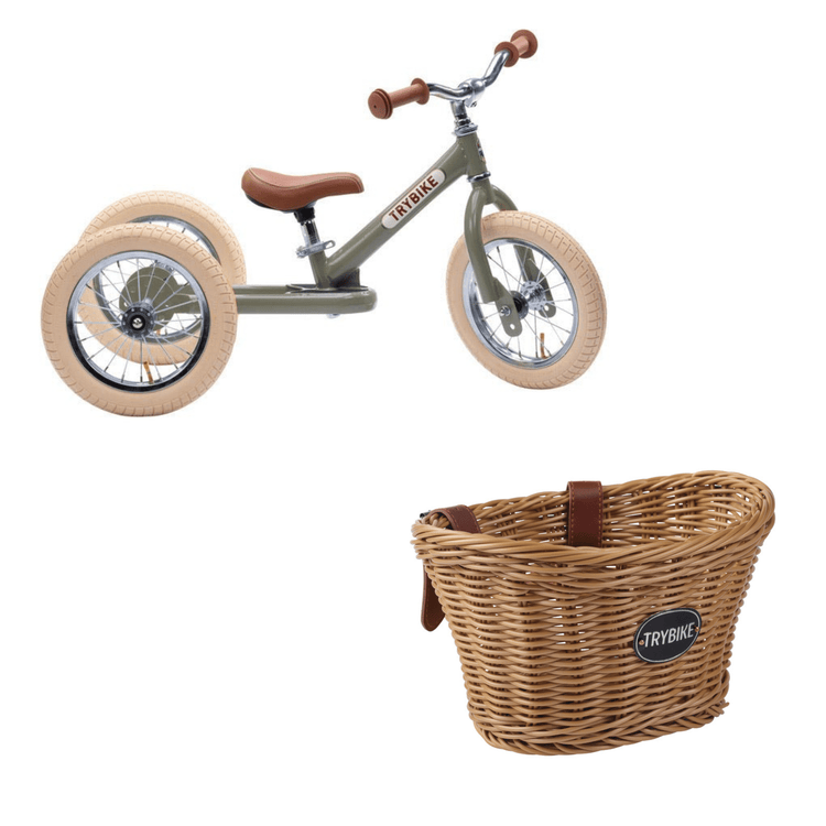 TRYBIKE | STEEL 2-IN-1 TRICYCLE & BALANCE BIKE - VINTAGE GREEN WITH HANDLEBAR BASKET by TRYBIKE - The Playful Collective