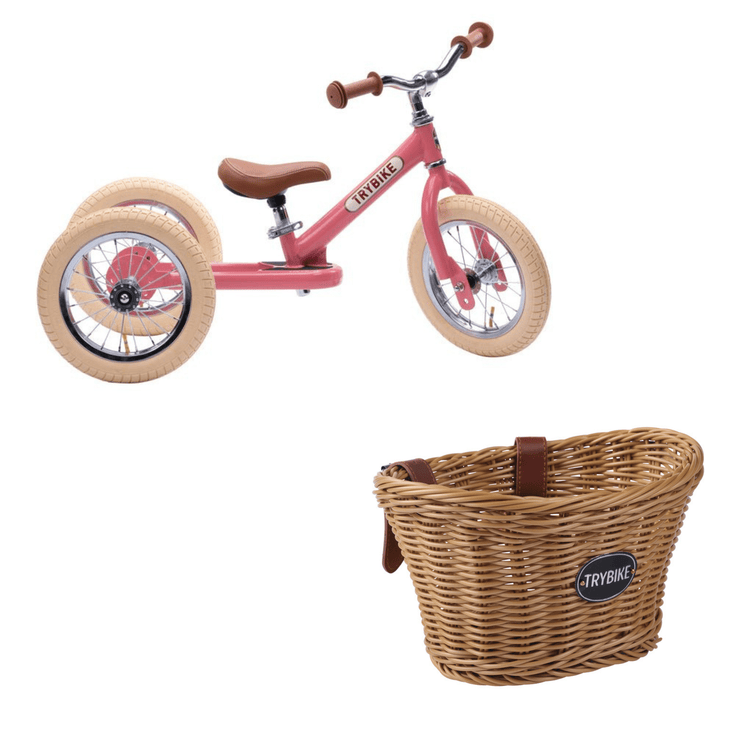 TRYBIKE | STEEL 2-IN-1 TRICYCLE & BALANCE BIKE - VINTAGE PINK WITH HANDLEBAR BASKET by TRYBIKE - The Playful Collective