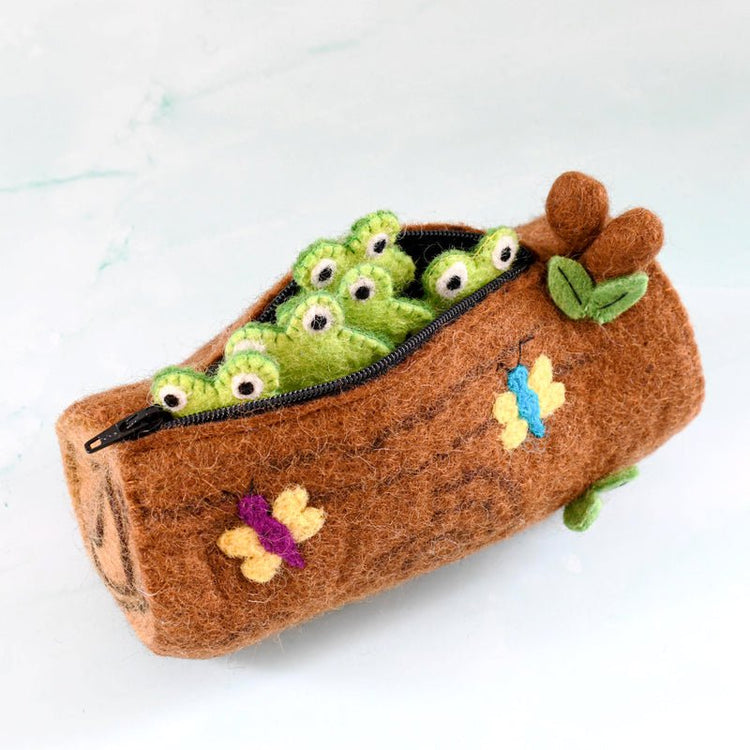 5 LITTLE SPECKLED FROGS WITH A LOG BAG FINGER PUPPET SET by TARA TREASURES - The Playful Collective