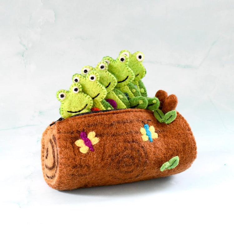 5 LITTLE SPECKLED FROGS WITH A LOG BAG FINGER PUPPET SET by TARA TREASURES - The Playful Collective
