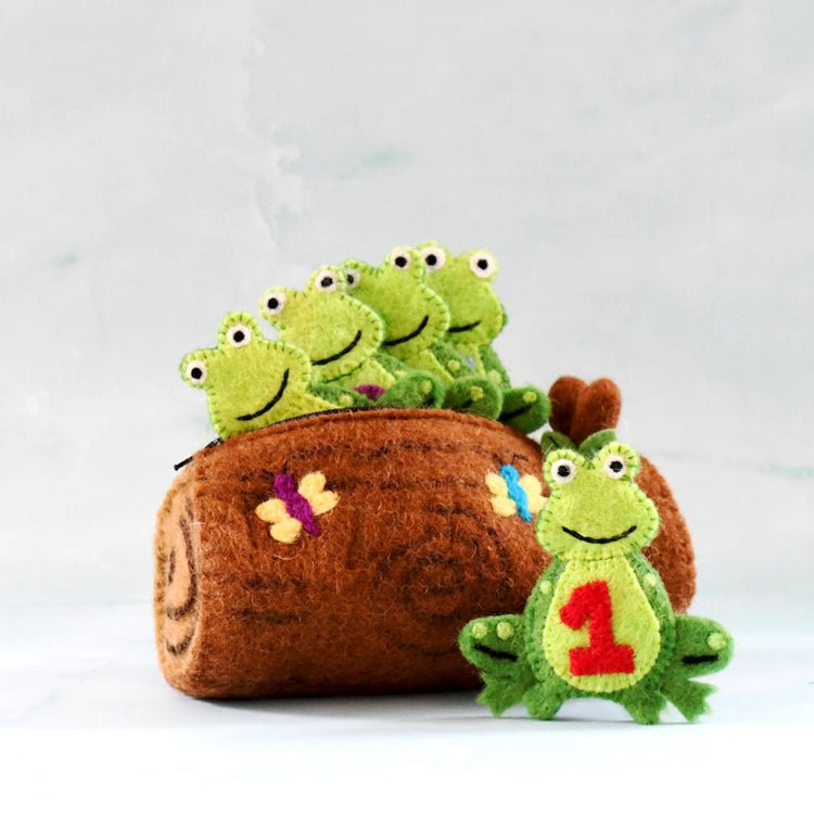 5 LITTLE SPECKLED FROGS WITH A LOG BAG FINGER PUPPET SET by TARA TREASURES - The Playful Collective