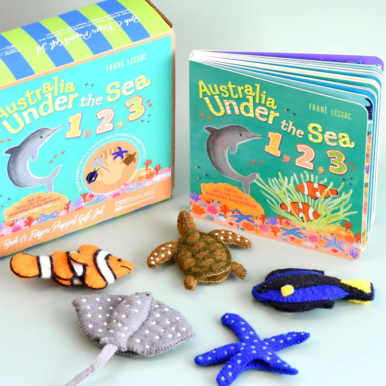 AUSTRALIAN UNDER THE SEA 1, 2, 3 BY FRANÉ LESSAC - BOOK & FINGER PUPPET SET by TARA TREASURES - The Playful Collective