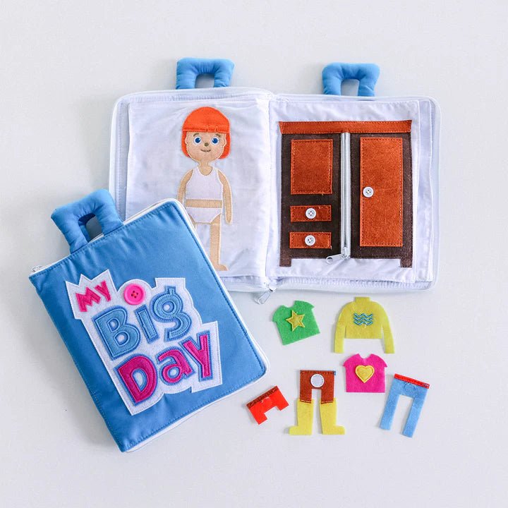 FABRIC QUIET ACTIVITY BOOK - MY BIG DAY (BLUE COVER) by CURIOUS COLUMBUS - The Playful Collective