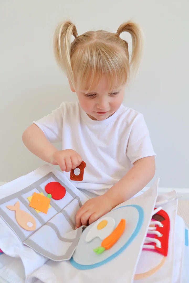 FABRIC QUIET ACTIVITY BOOK - MY BIG DAY (BLUE COVER) by CURIOUS COLUMBUS - The Playful Collective