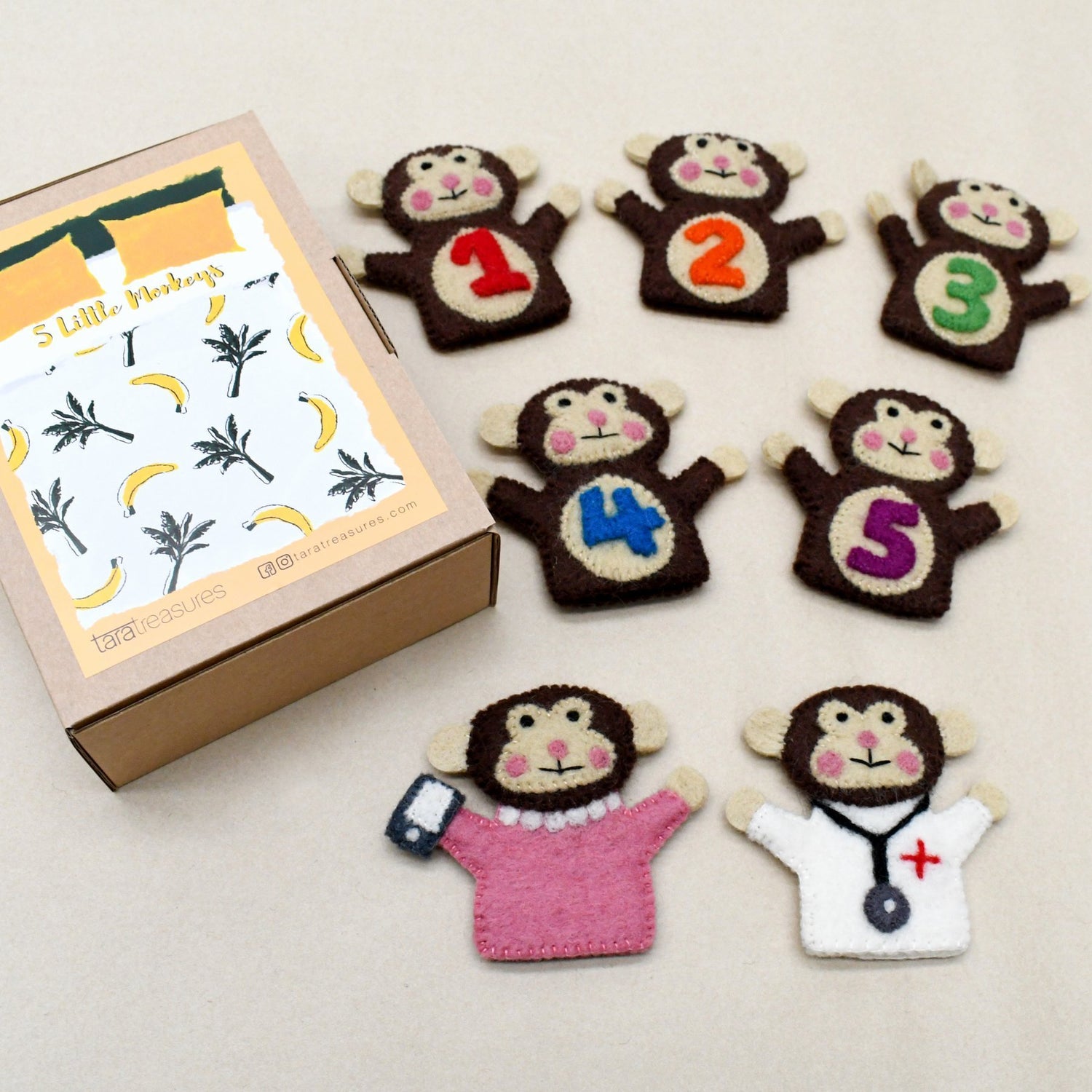 FIVE LITTLE MONKEYS FINGER PUPPET SET by TARA TREASURES - The Playful Collective