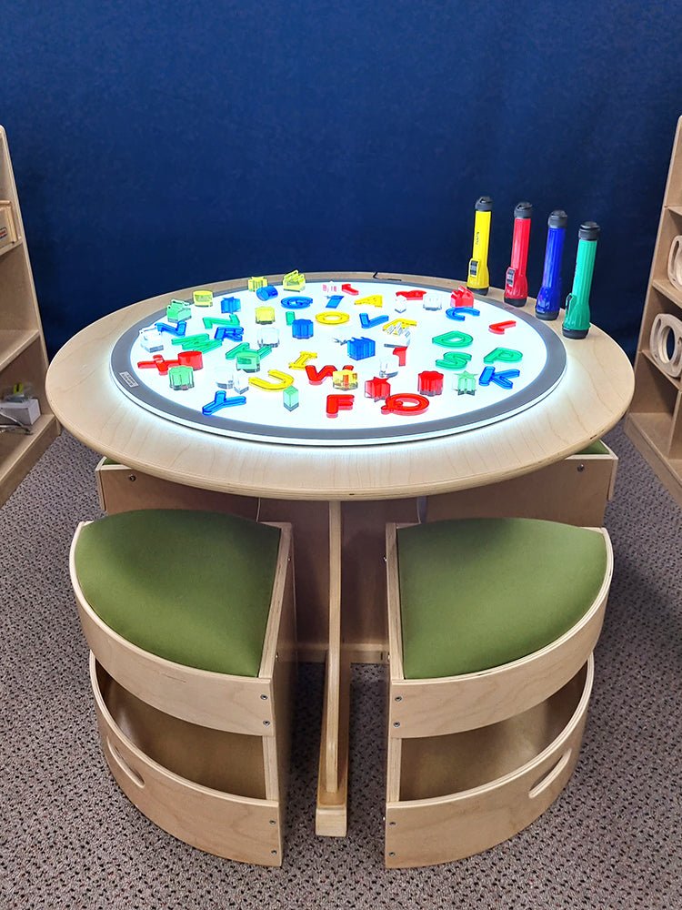 BILLY KIDZ | ROUND WOODEN TABLE WITH 4 GREEN PADDED STOOLS by BILLY KIDZ - The Playful Collective