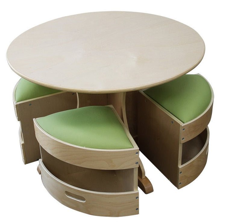 BILLY KIDZ | ROUND WOODEN TABLE WITH 4 GREEN PADDED STOOLS by BILLY KIDZ - The Playful Collective