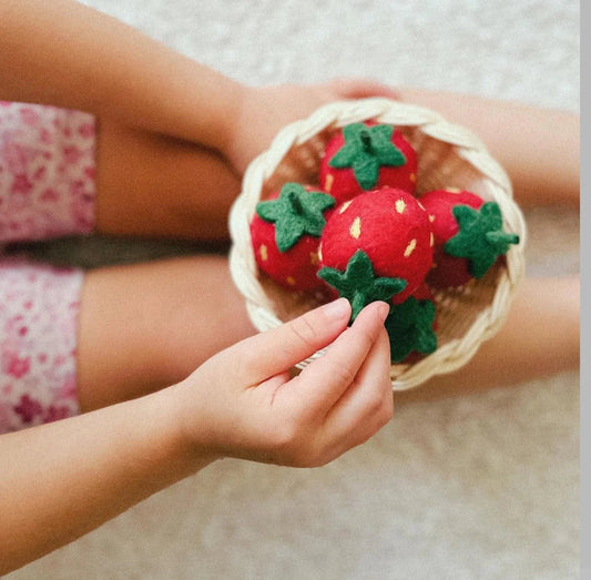 JUNI MOON | RATTAN FOOTED FRAISE BOWL WITH STRAWBERRIES *PRE - ORDER* Large 5 Red Strawberries by JUNI MOON - The Playful Collective