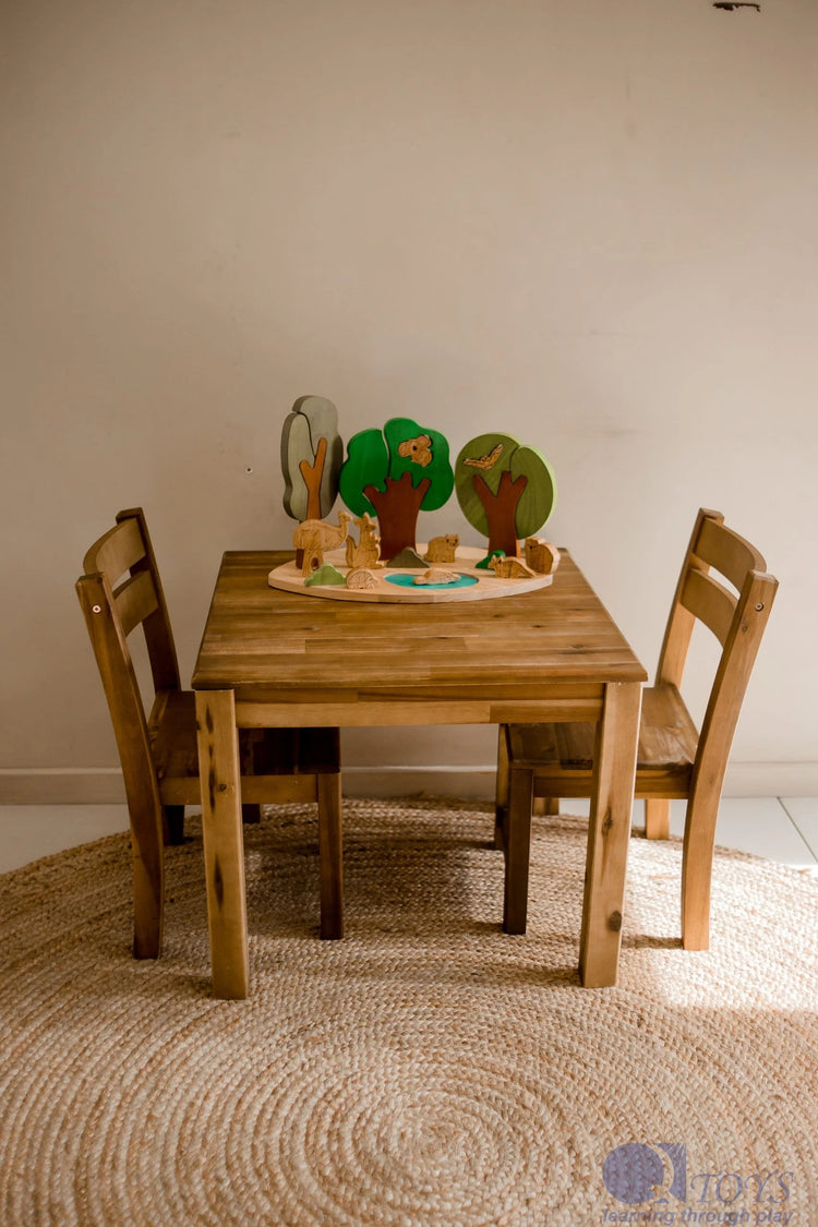 QTOYS | ACACIA (HARDWOOD) TABLE WITH 2 STACKING CHAIRS by QTOYS - The Playful Collective