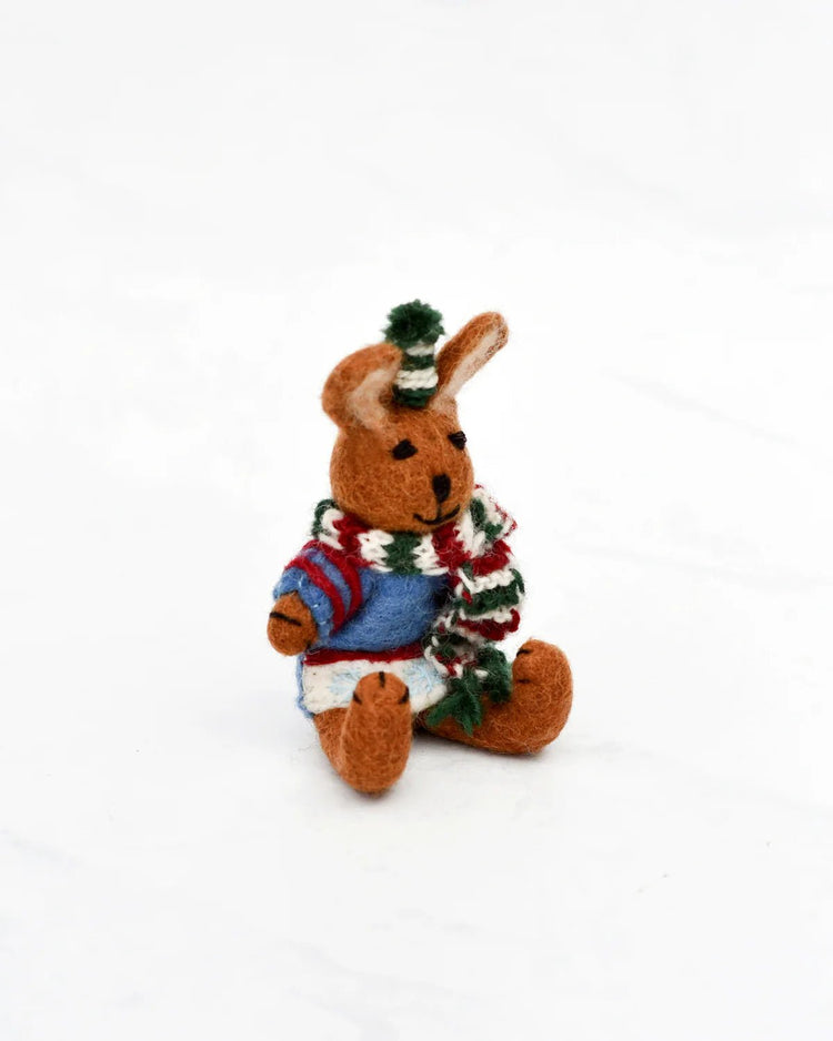 TARA TREASURES | FELT BROWN HARE RABBIT WITH BLUE SWEATER CHRISTMAS TREE DECORATION by TARA TREASURES - The Playful Collective