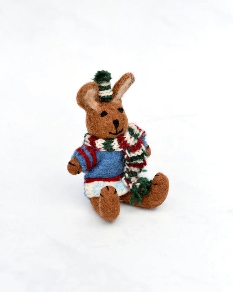 TARA TREASURES | FELT BROWN HARE RABBIT WITH BLUE SWEATER CHRISTMAS TREE DECORATION by TARA TREASURES - The Playful Collective