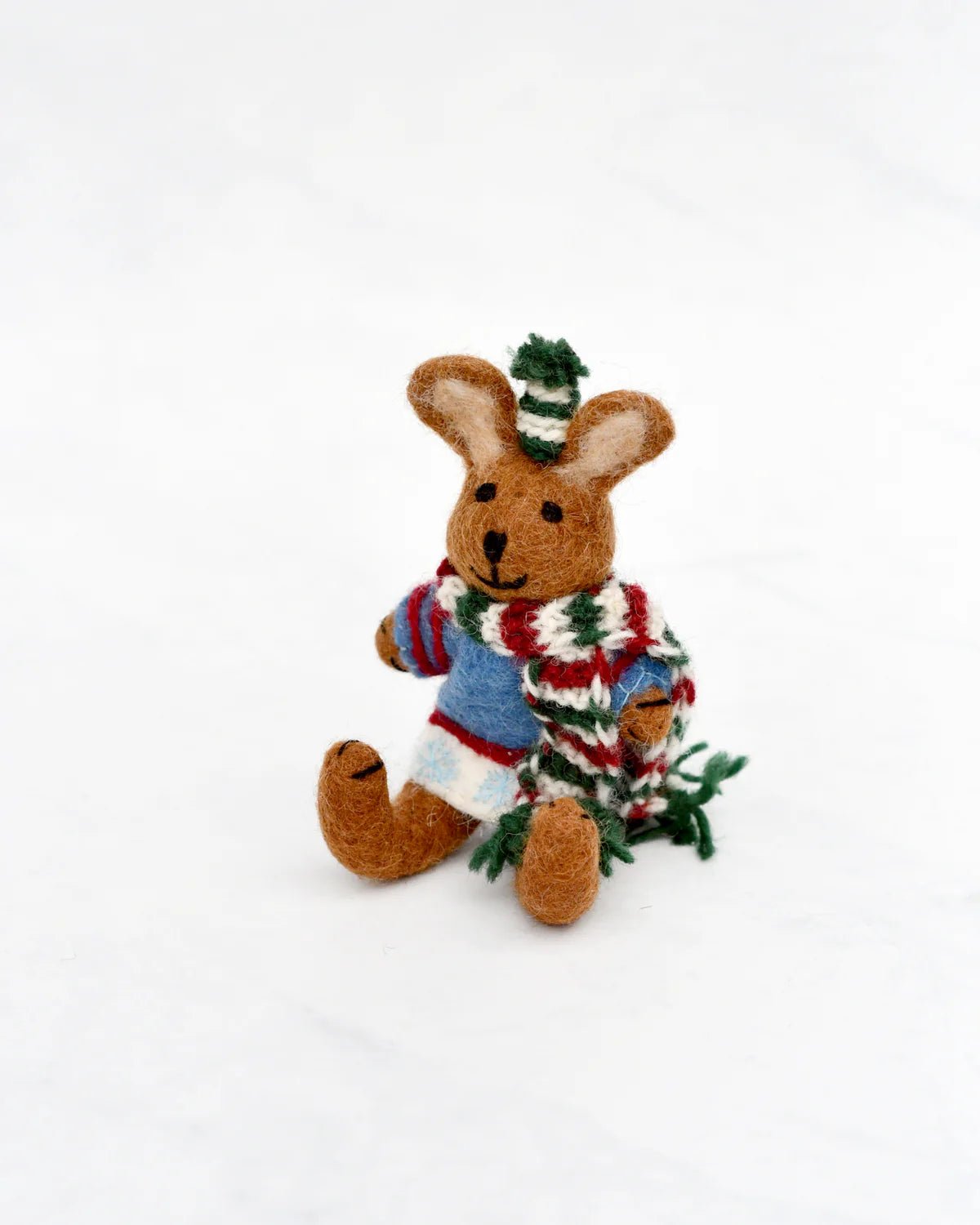 TARA TREASURES | FELT BROWN HARE RABBIT WITH BLUE SWEATER CHRISTMAS TREE DECORATION by TARA TREASURES - The Playful Collective