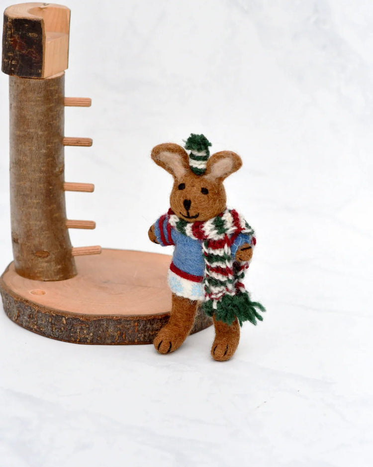 TARA TREASURES | FELT BROWN HARE RABBIT WITH BLUE SWEATER CHRISTMAS TREE DECORATION by TARA TREASURES - The Playful Collective