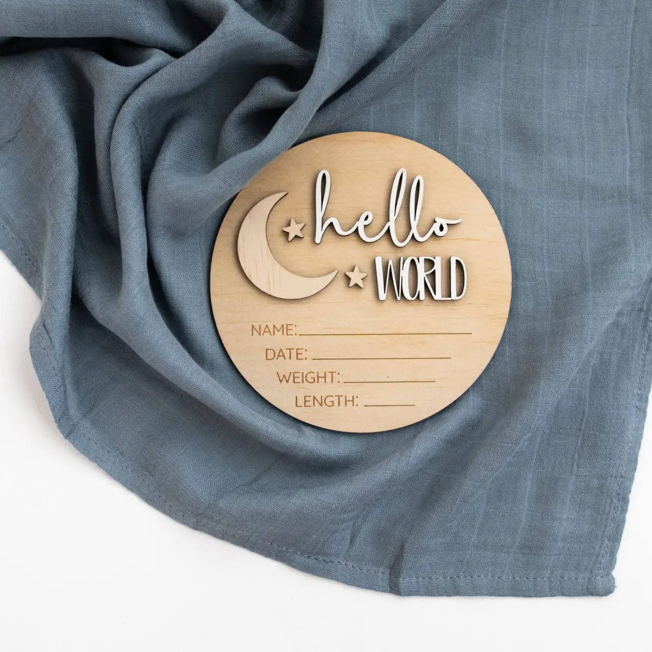TIMBER TINKERS | BIRTH ANNOUNCEMENT SIGN - HELLO WORLD MOON & STARS by TIMBER TINKERS - The Playful Collective
