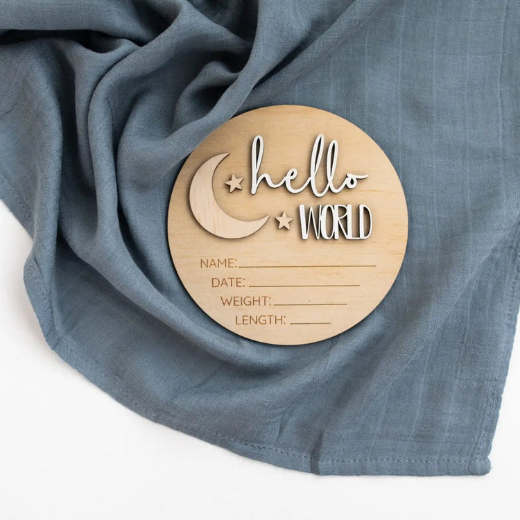 TIMBER TINKERS | BIRTH ANNOUNCEMENT SIGN - HELLO WORLD MOON & STARS by TIMBER TINKERS - The Playful Collective
