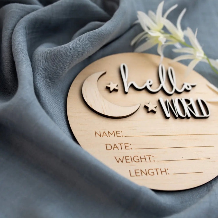 TIMBER TINKERS | BIRTH ANNOUNCEMENT SIGN - HELLO WORLD MOON & STARS by TIMBER TINKERS - The Playful Collective