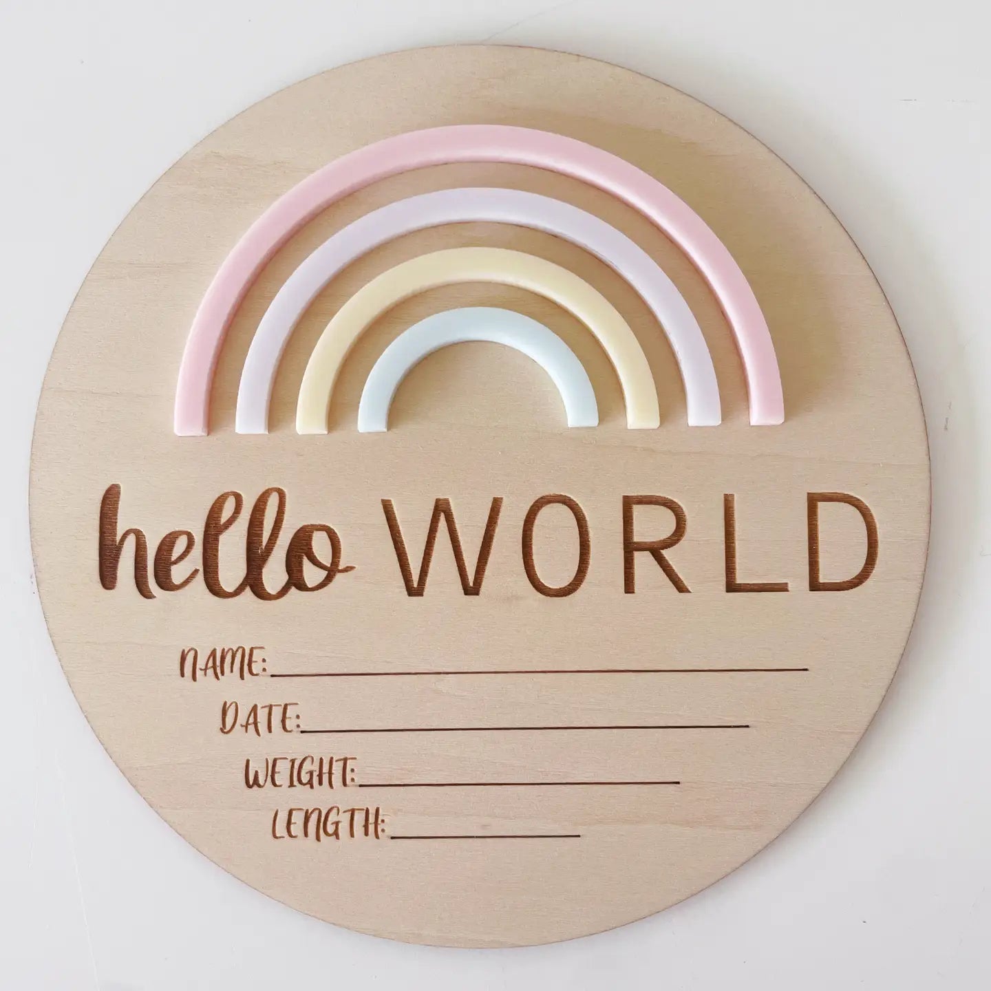 TIMBER TINKERS | BIRTH ANNOUNCEMENT SIGN - HELLO WORLD RAINBOW SORBET by TIMBER TINKERS - The Playful Collective