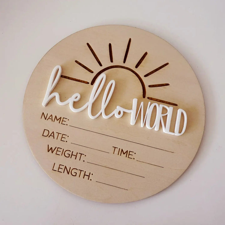 TIMBER TINKERS | BIRTH ANNOUNCEMENT SIGN - HELLO WORLD SUN by TIMBER TINKERS - The Playful Collective