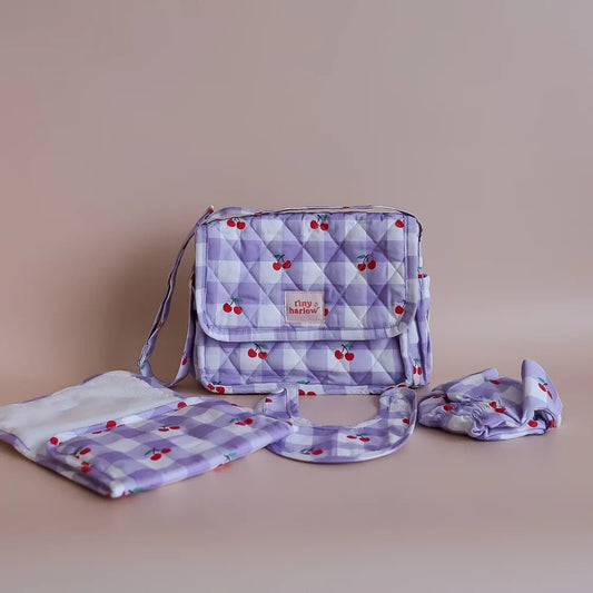 TINY HARLOW | CONVERTIBLE DOLL'S NAPPY BAG SET - LILAC GINGHAM CHERRY *PRE - ORDER* by TINY HARLOW - The Playful Collective