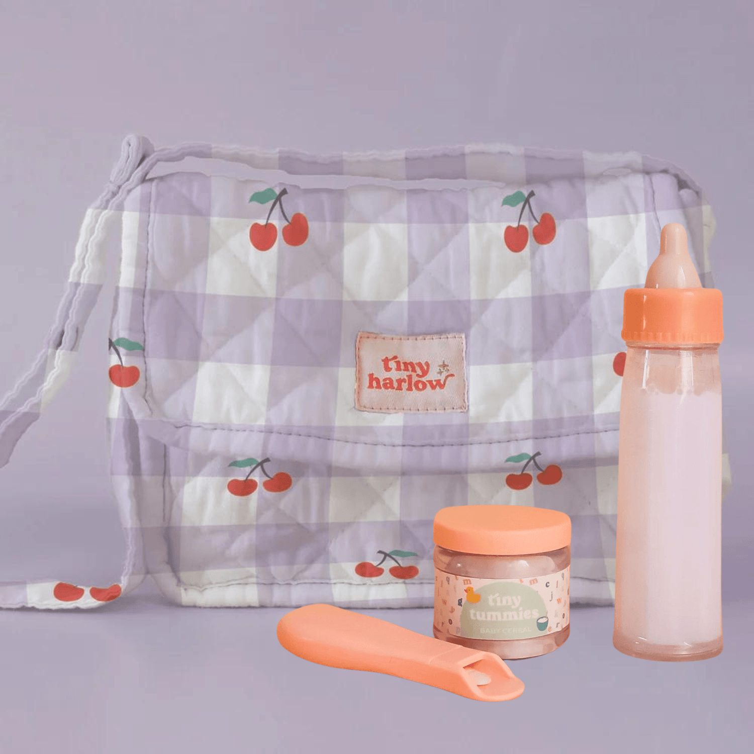 TINY HARLOW | TINY NURTURER'S GIFT PACK - NAPPY BAG, MAGIC MILK & BABY CEREAL - LILAC GINGHAM CHERRY by TINY HARLOW - The Playful Collective