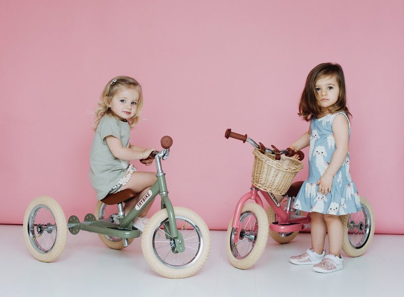TRYBIKE | STEEL 2-IN-1 TRICYCLE & BALANCE BIKE - VINTAGE GREEN WITH HANDLEBAR BASKET by TRYBIKE - The Playful Collective