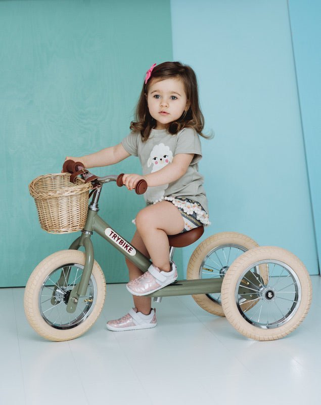 TRYBIKE | STEEL 2-IN-1 TRICYCLE & BALANCE BIKE - VINTAGE GREEN WITH HANDLEBAR BASKET by TRYBIKE - The Playful Collective