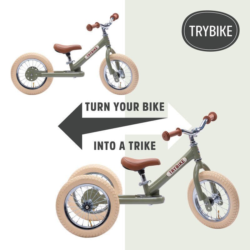 TRYBIKE | STEEL 2-IN-1 TRICYCLE & BALANCE BIKE - VINTAGE GREEN WITH HANDLEBAR BASKET by TRYBIKE - The Playful Collective