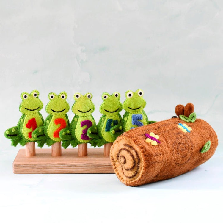5 LITTLE SPECKLED FROGS WITH A LOG BAG FINGER PUPPET SET by TARA TREASURES - The Playful Collective