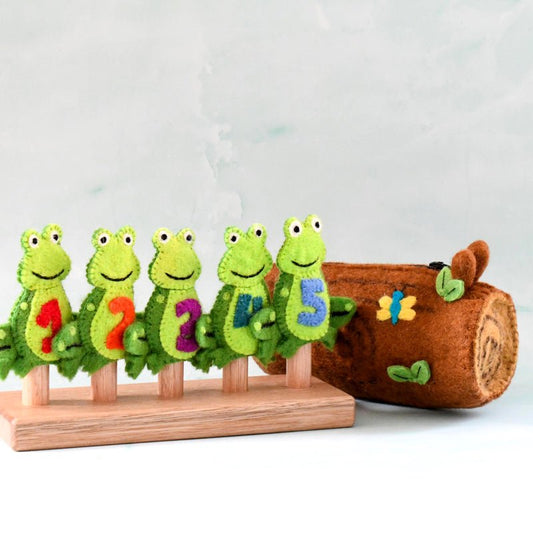 5 LITTLE SPECKLED FROGS WITH A LOG BAG FINGER PUPPET SET by TARA TREASURES - The Playful Collective