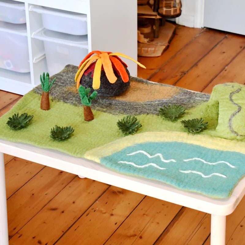 LARGE DINOSAUR LAND WITH VOLCANO FELT PLAY MAT PLAYSCAPE by TARA TREASURES - The Playful Collective