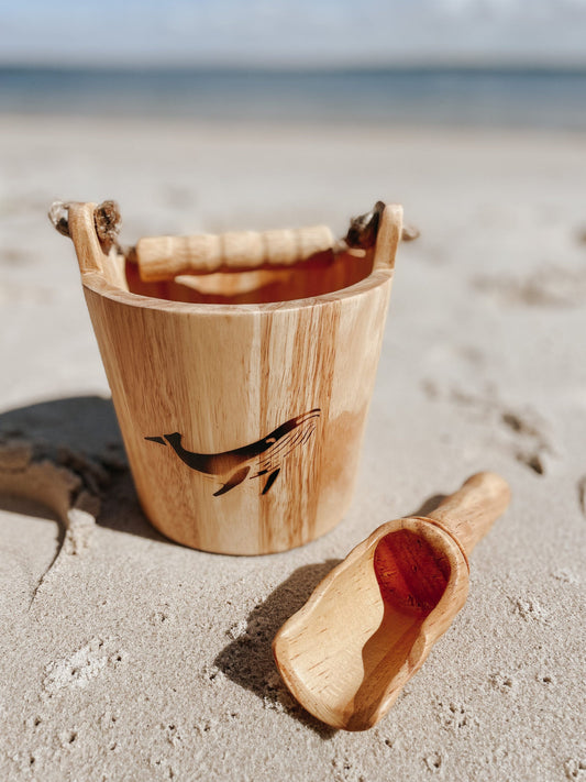 WOODEN BUCKET & SCOOP SET (WHALE BURN STAMP EDITION) by EXPLORE NOOK - The Playful Collective